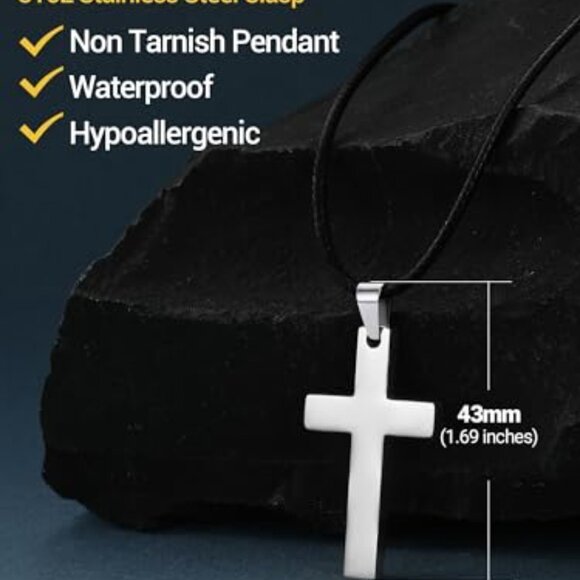 Stainless Steel Pendant Necklace with Leather Cord, 22 Inch - Picture 4 of 8